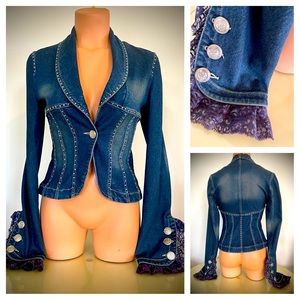 Designer GIZIA Blue Denim Silver Studded Fitted Blazer Jacket Sz 36 EU, US S/XS